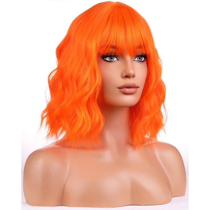 BERON Orange Wigs for Women Short Curly Girls Neon Orange Wig Womens Bright Colored 12" Wavy Bob Heat Resistant Synthetic Hair Wig with Wig Cap - Image 3